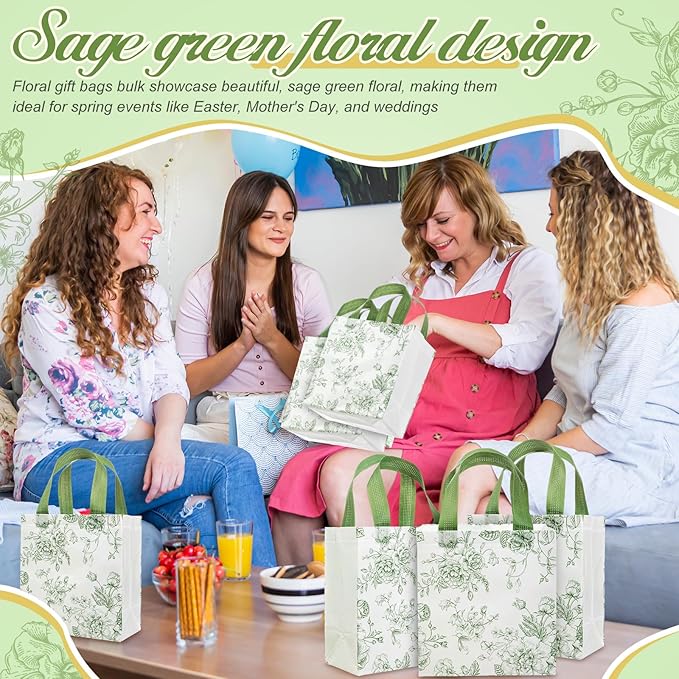 Sweetude 16 Pcs Sage Green Floral Gift Bags Floral Gift Bag with Handles Flower Party Favors Non Woven Reusable Tote for Women Wedding Birthday Baby Shower Mothers Day Party Decorations