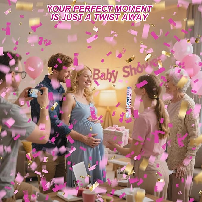 4 Pack Gender Reveal Confetti Cannon, 12 in Pink Rectangle Shaped Paper Party Poppers Cannons, Confetti Poppers For Baby Boy Girl Gender Reveal Baby Showers (Rectangle, Pink)