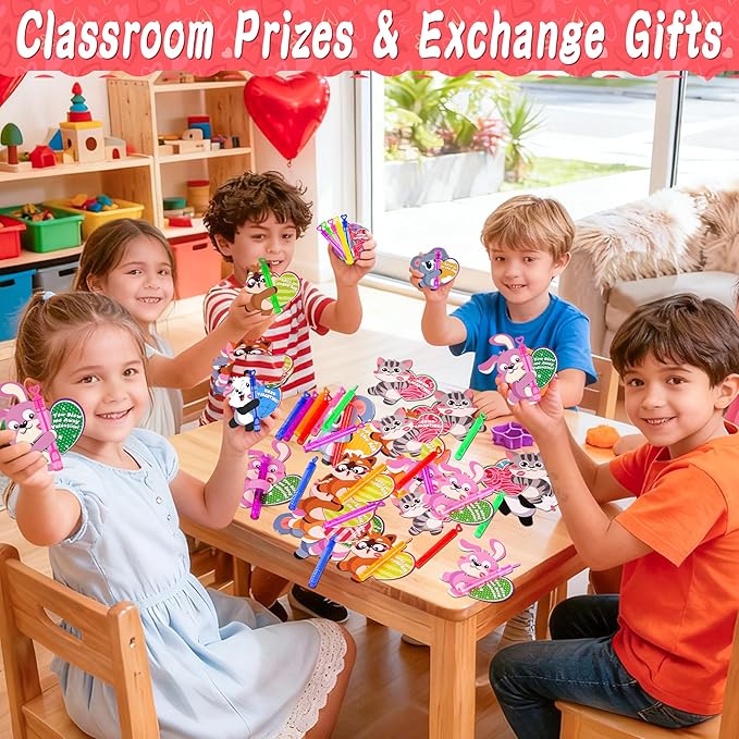 30 Pack Valentines Day Gifts for Kids School Mini Bubble Wands with Valentines Animals Valentines Cards for Kids Classroom, Valentines Day School Prize Party Favors Classroom Exchange Gift Set