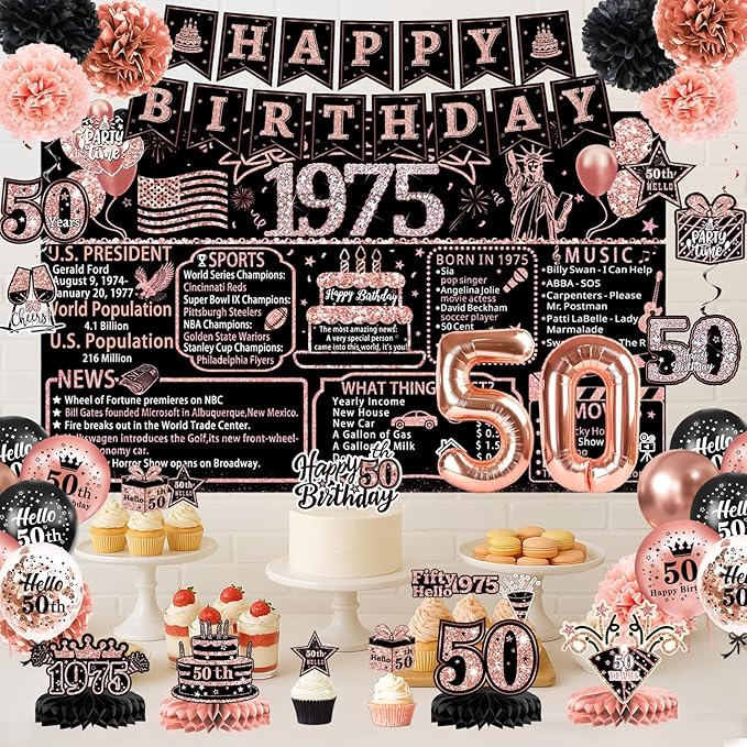 50th Birthday Decorations for Women – 59pcs Back in 1975 Party Supplies Backdrop, Banner, Honeycomb Centerpieces, Hanging Swirls, Foil & Latex Balloon, Cake & Cupcake Toppers, Sash, Pom Poms, Crown