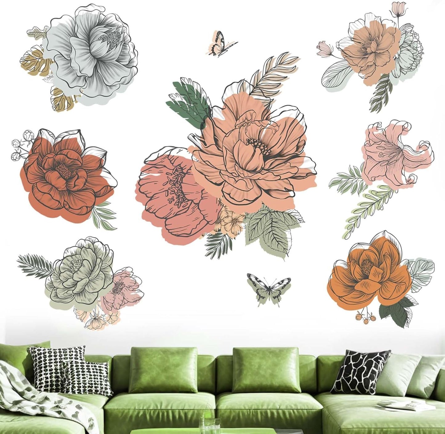 Flower Wall Decals for Living Room: Grass Plants Boho Floral Wildflower Wall Stickers - Bedroom Sofa TV Background Home Wall Decor