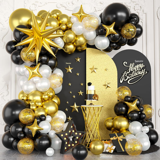 Black and Gold Balloon Arch Kit, Black White Gold Balloons Garland Kit, Star Foil Balloons, Confetti Balloon For Graduation Birthday New Year Retirement Party Wedding Baby Shower Decorations