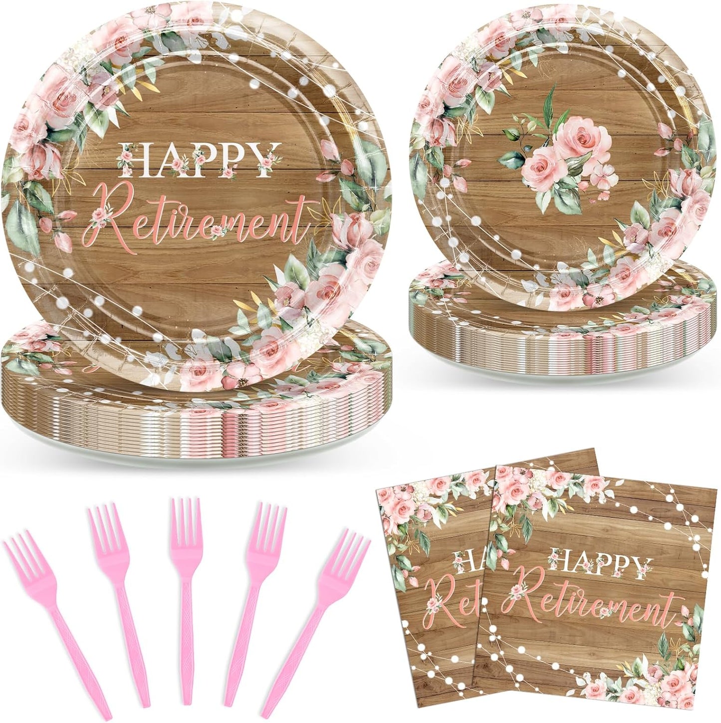 Avezano 96 PCS Retirement Party Decorations Rustic Pink Floral Happy Retirement Plates Tableware Women Farewell Party Supplies, Serves 24