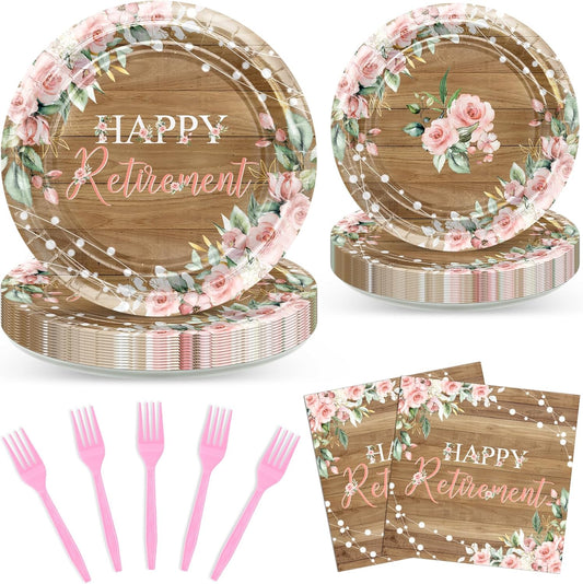 Avezano 96 PCS Retirement Party Decorations Rustic Pink Floral Happy Retirement Plates Tableware Women Farewell Party Supplies, Serves 24