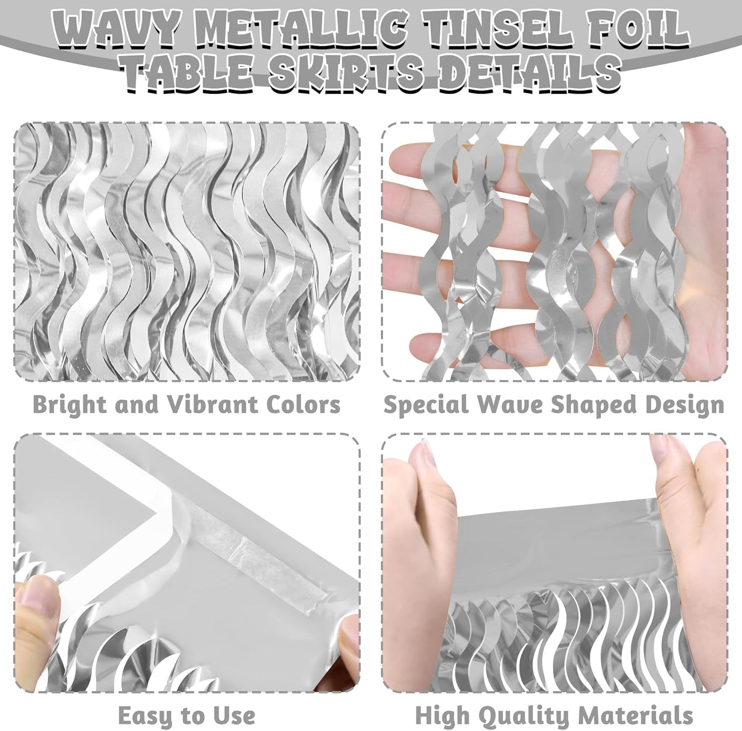 2 Pack Silver Desk Skirt, Metallic Grass Skirt for Table, Birthday Wavy Tinsel Foil Fringe Table Skirts, Foil Table Skirts for Christmas Wedding Birthday Indoor Party Celebrations Decor