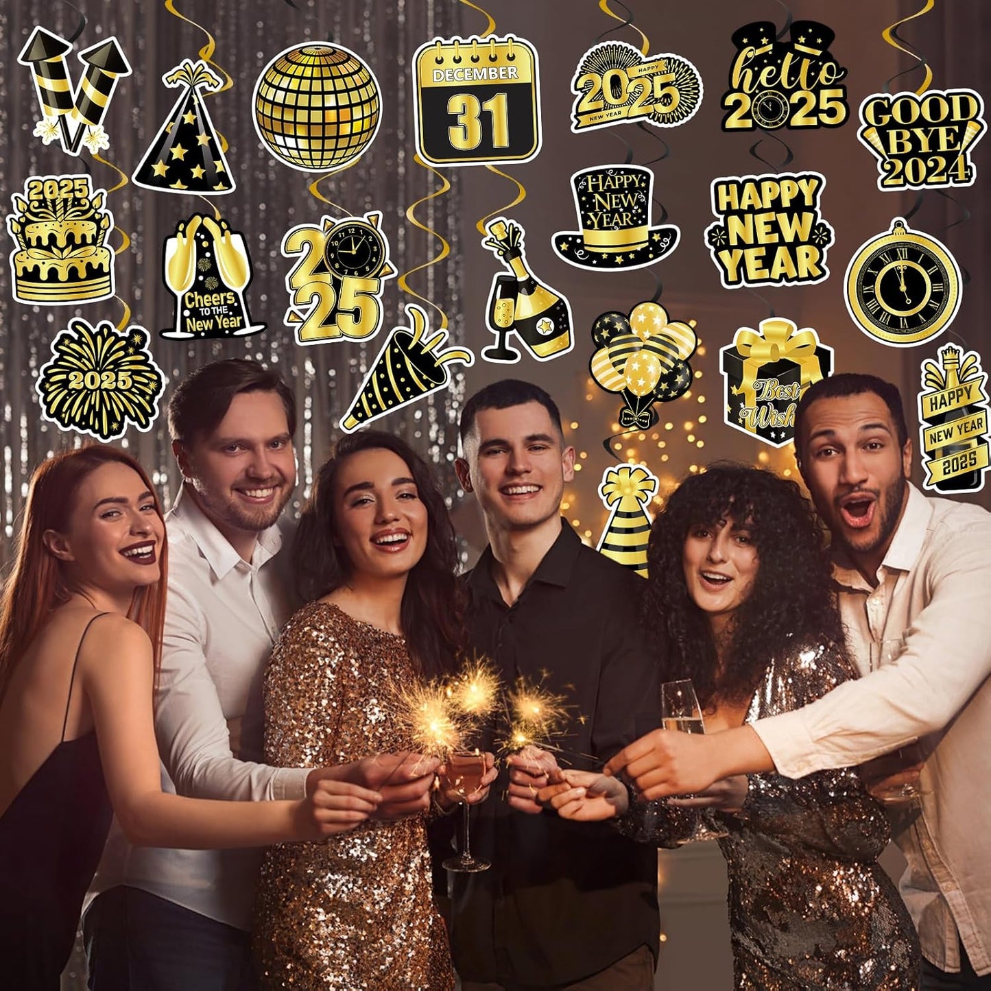 40Pcs Happy New Year Decorations Hanging Swirls, Black and Gold Happy New Year Hanging Swirls Ceiling Decor Happy New Year Hanging Decorations New Year's Eve Party Decorations Supplies 2025