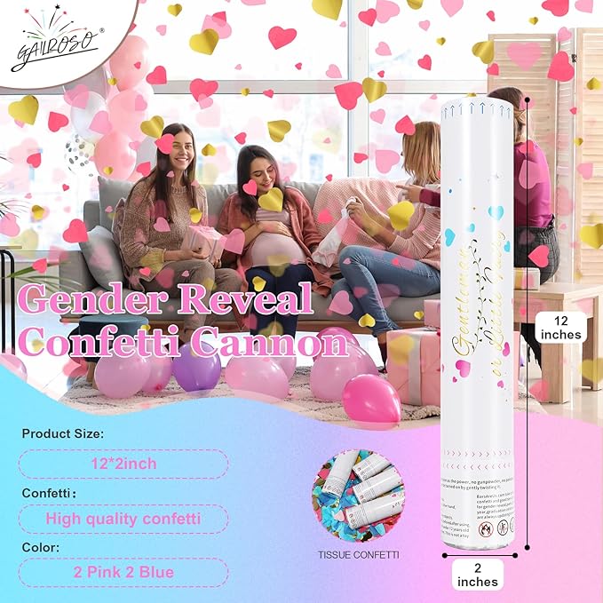 Gender Reveal Confetti Cannon,2 Blue 2 Pink Paper Connon Safty Party Poppers Shoots 20-25ft,12 inch Upgrade Firmware Baby Shower Gender Reveal Party Supplies Maternity Shoots