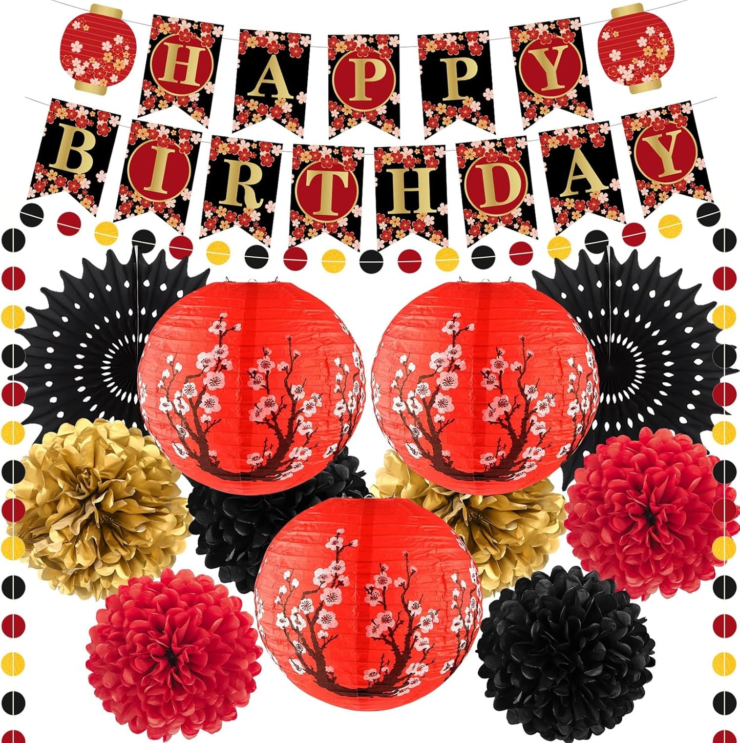 14Pcs Hibachi Party Decorations, Japanese Lanterns with Cherry Blossom Patterns Tissue Paper Pom Poms Circle Dots Garland Happy Birthday Banner Set for Japanese party decorations