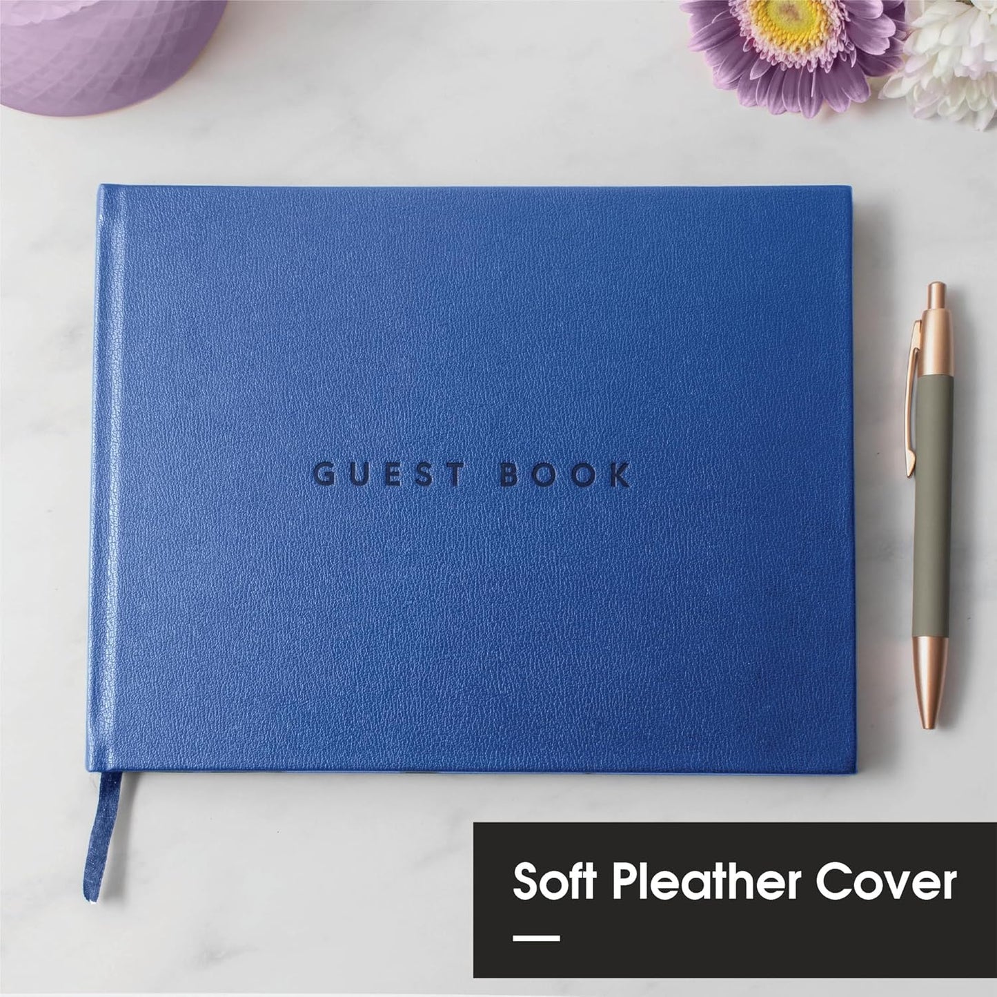 Useful Co. Classic Black Guest Book, Guest Book Alternative for Party, Sign in Book, Vacation Home, Funeral Guest Book, Hardbound Guestbook, Leather Cover, 112 Pages, 9 x 7 Inches - Blue