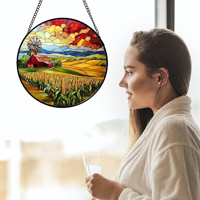 Stained Glass Window Hanging Autumn Farm Corn Harvest Landscape 7.8" - Suncatcher Garden Door Sun Catcher Home Decor Birthday Christmas for Woman Mom Friend Men Nana