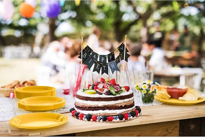 Party Solids Yellow Plastic Plates For Party Supplies, Yellow Disposable Plates 100 Pieces - 50-7" & 50-9" Heavy Duty 350 GSM Disposable Dinnerware Sets, Plastic Dinnerware Sets