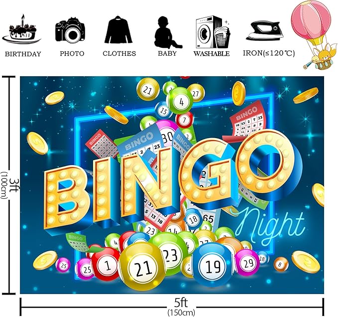 Homewelle Bingo Night Backdrop 8Wx6H Feet Polyester Fabric Snooker Game Time Decoration Cards Coins Contest Winning Ball Gaming Party Colorful Adults Man Cool Photography Background Photo Shoot Props