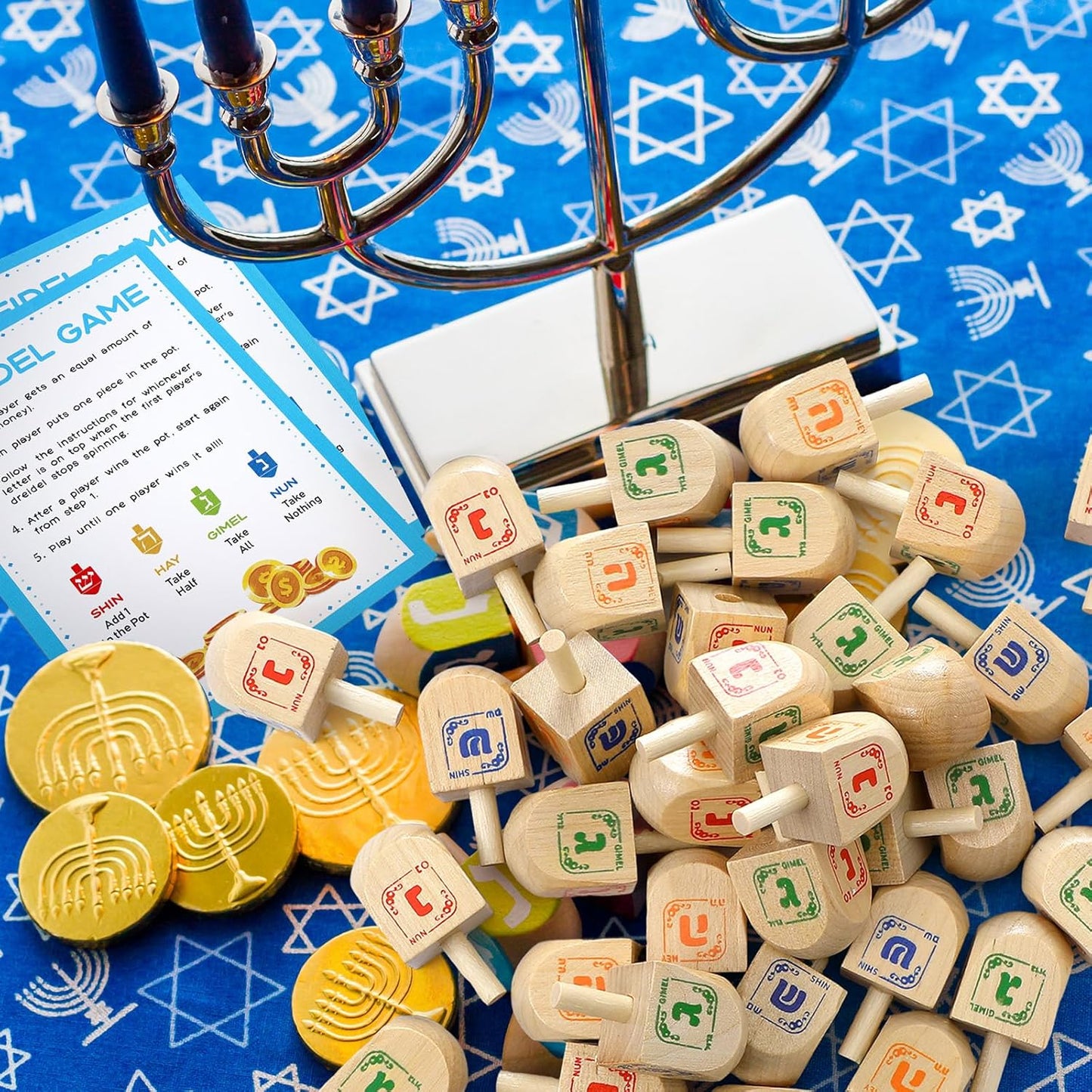 Wettarn 100 Pieces Hanukkah Dreidels Bulk Wooden Hanukkah Dreidels with Game Instruction Cards for Party Game(Size 1,Chic Style)
