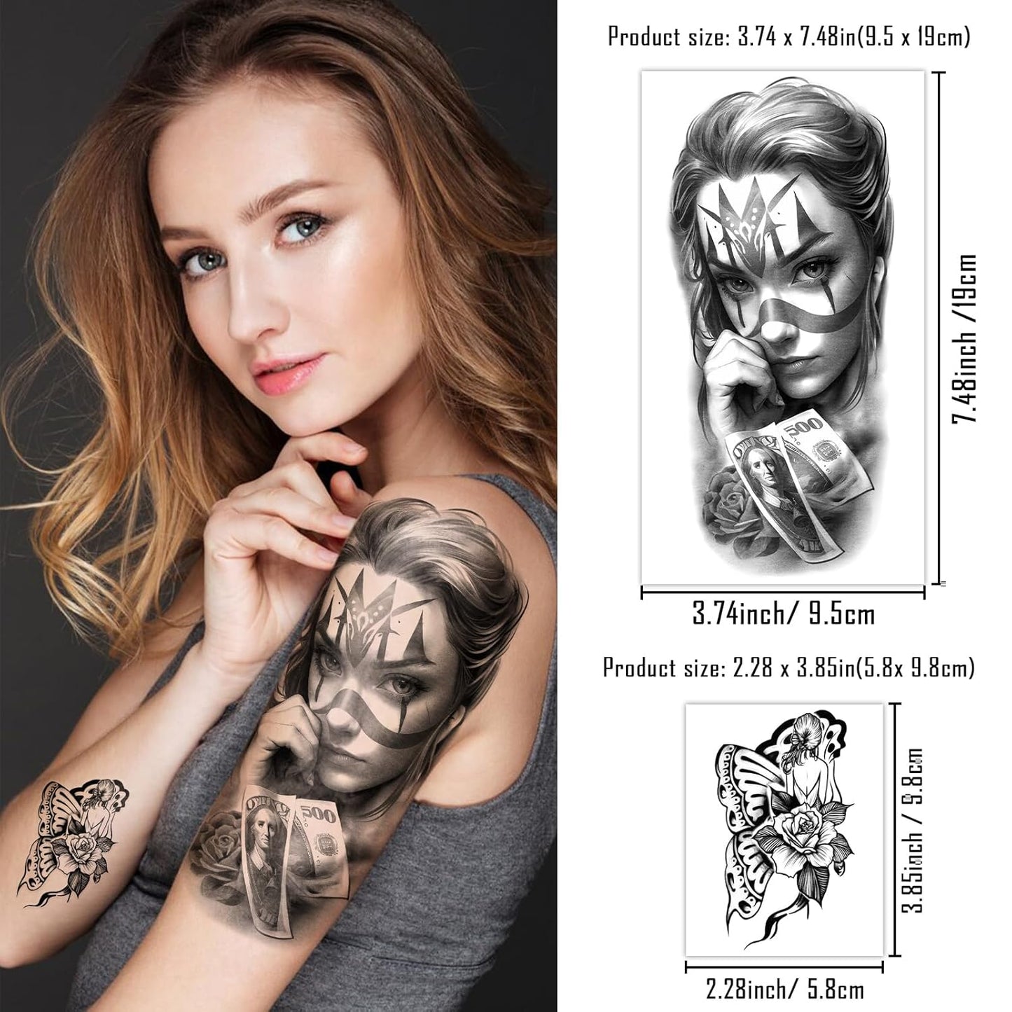 Yazhiji Waterproof Temporary Tattoos For Adult, Chicano Large Fake Tattoo Guadalupe Gangster Prisoner Day of the Dead, Lowrider Style Culture Mexico Clown 77 sheets Tattoo Stickers for Men Women