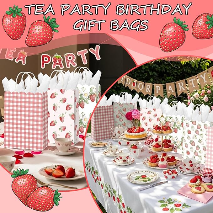 Kolldenn 24 Pcs Strawberry Party Gift Bags with Handles Paper Treat Goodie Bags Scalloped for Birthday Decoration for Bridal Baby Shower Tea Party Supplies
