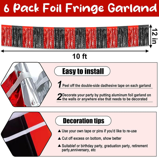 6 Pack 10 Feet Black Red Wave Foil Fringe Garland Metallic Tinsel Streamers Banner Wall Hanging Curtain Backdrop for Parade Floats, Mother's Day, Easter, Wedding, Birthday Party Decoration
