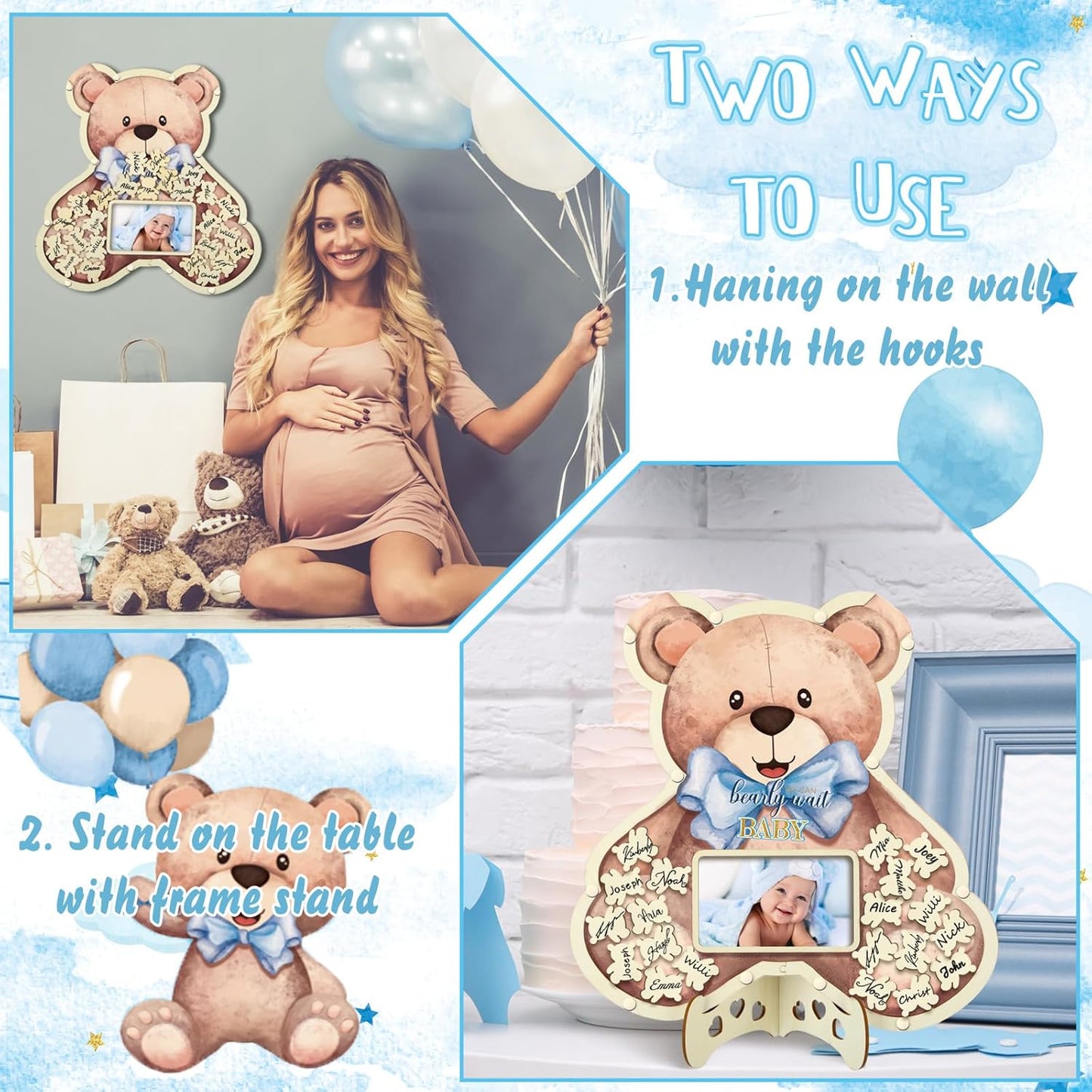 Wenqik 63 Pcs Bear Baby Shower Guest Book Alternatives Set Baby Shower Decorations with Photo Frame Sonogram Frame Keepsake 60 Wood Slices Guest Book for Birthday