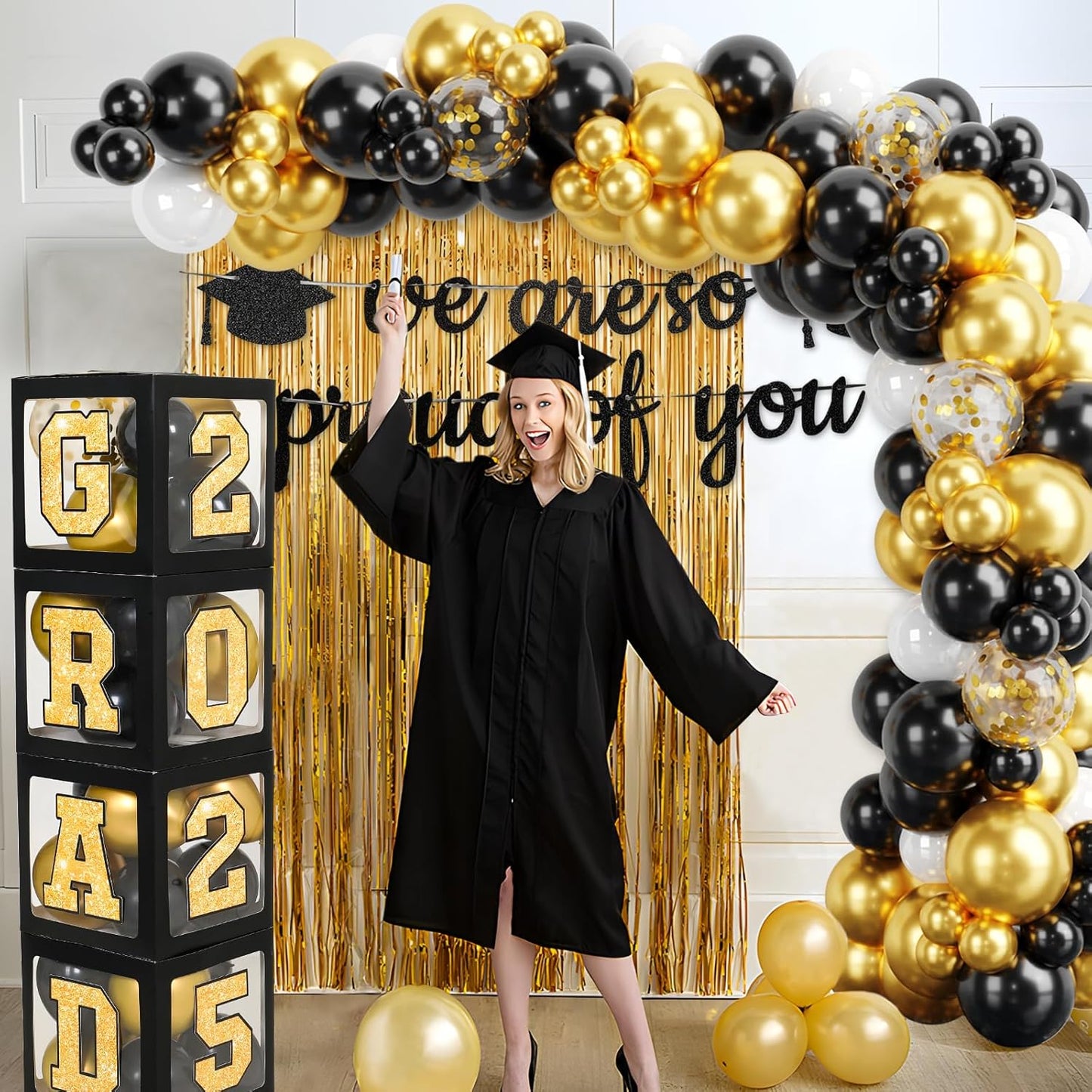Graduation Decorations Class of 2025 - Black Gold Graduation Party Decorations include Balloon Boxes with Letters, Banner and Balloon Arch Kit for 2025 Grad Party Supplies Photo Backdrop