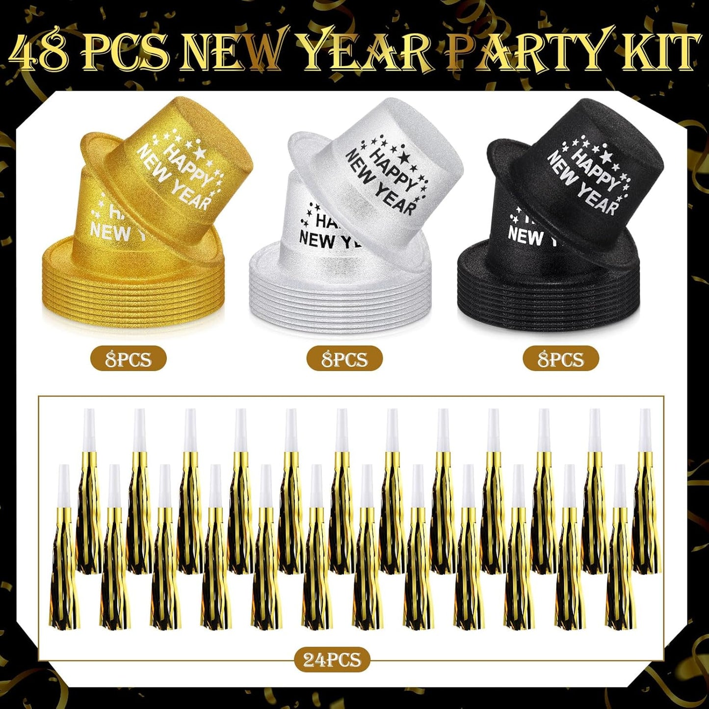 Poen 48 Pcs New Years 2026 Eve Party Supplies Included 24 Plastic Glitter Hats 24 Metallic Fringed Noise Makers for Happy New Year Decorations