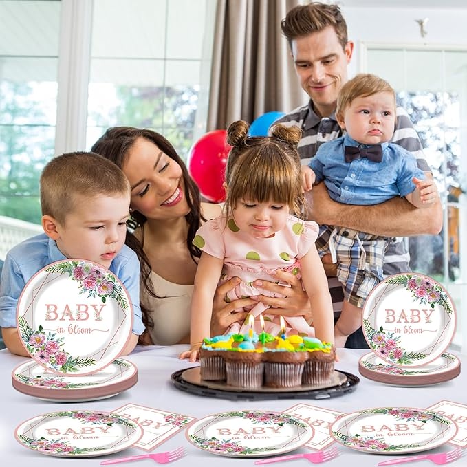 OBUSATT 96Pcs Baby in Bloom Party Supplies Baby in Bloom Floral Paper Plates Napkins Babies Shower Party Decorations Girl Floral Dinnerware Birthday Favor Pink Birthday Tableware Serves 24