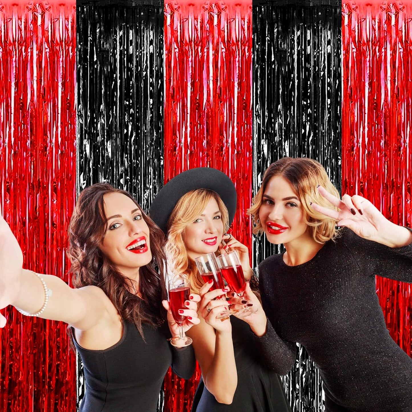 4 Pack Black Red Foil Fringe Curtain Backdrop, 3.28Ft x 9.8Ft Metallic Tinsel Foil Fringe Streamers Curtains for Photo Booth, Wedding, Casino Viva Las Vegas Game Night Birthday Party Decoration