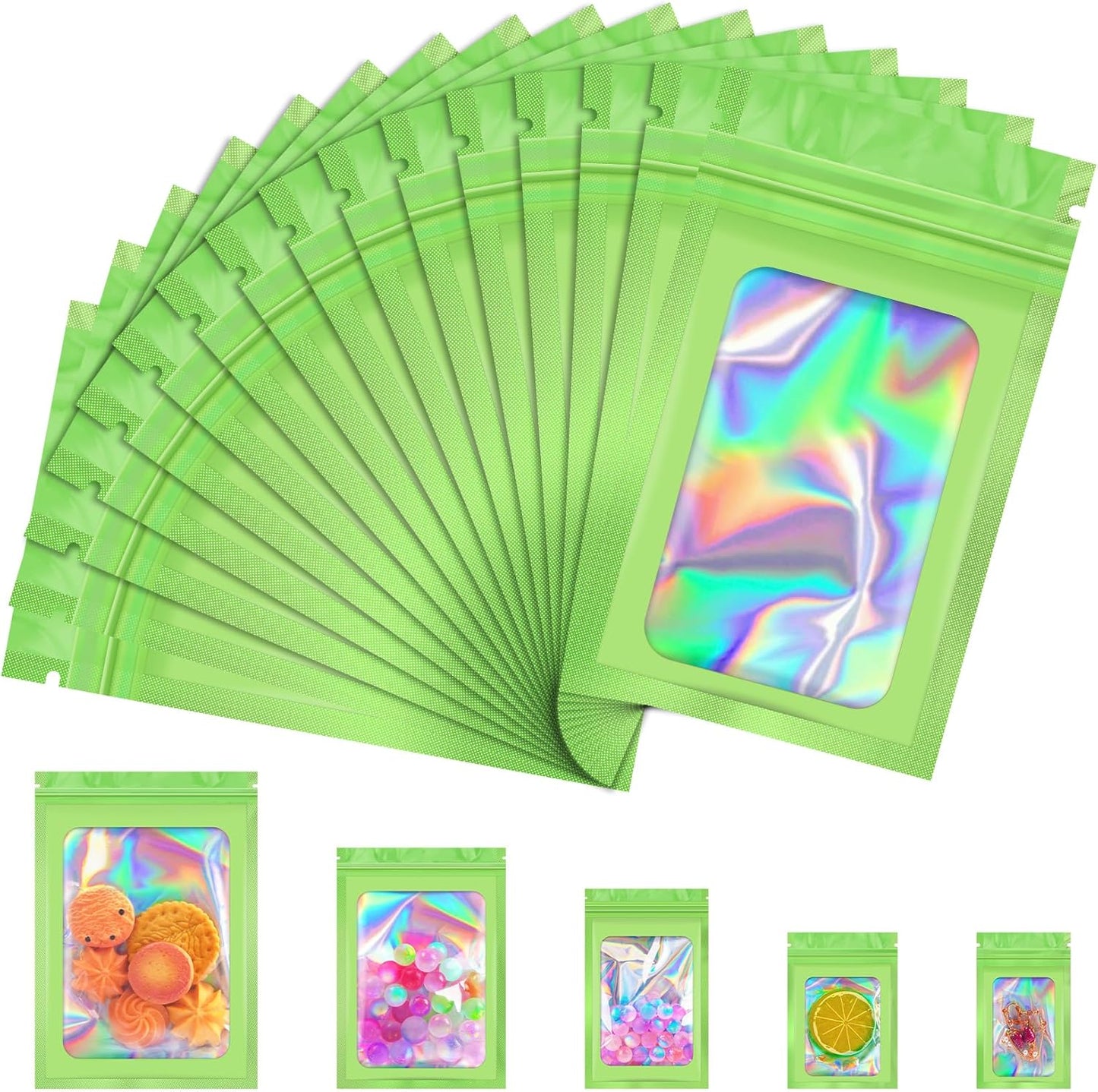 100 Pcs Mylar Bags, Smell Proof Bags Foil Pouch, Holographic Resealable Bags for Small Business, Candy Sample Jewelry Bag Sealable Packaging for Party Favor Food Storage (3x5in-Green)