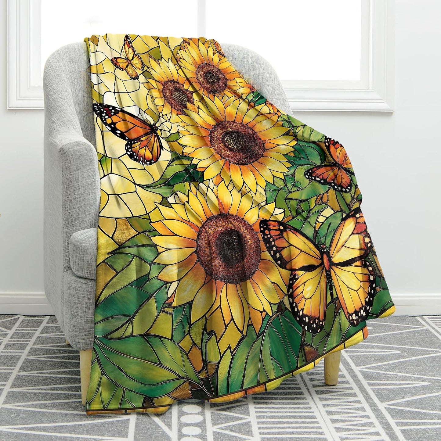 Jekeno Sunflower Gifts Blanket for Women Girls, Sunflowers Butterfly Throw Butterfly Decor Gifts for Sunflower Lovers Adult Kids, Cute Blanket for Home Living Room Bed Couch