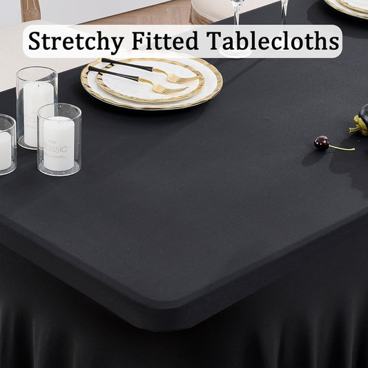 8 Pack Spandex Black Tablecloths for 6 Foot Rectangle Tables, Stretch Table Cloth 6ft Fitted Tablecover Desk Skirt for Parties Weddings Birthday Banquet Baby Shower