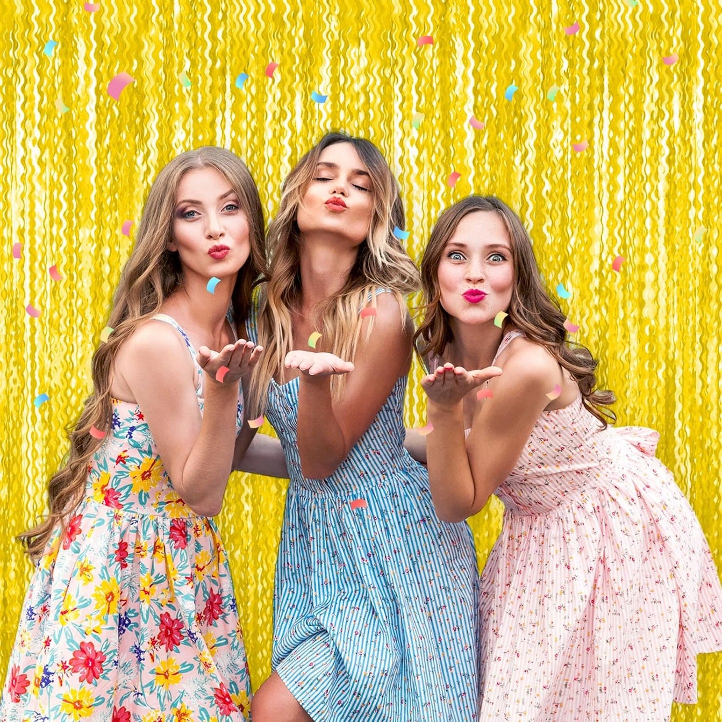 4 Pack Macaron Yellow Fringe Curtain Backdrop 3.2Ft x 8.2Ft Metallic Tinsel Foil Fringe Streamers Background for Photo Booth Mother's Day, Easter, Carnival, Birthday, Wedding Party Decoration