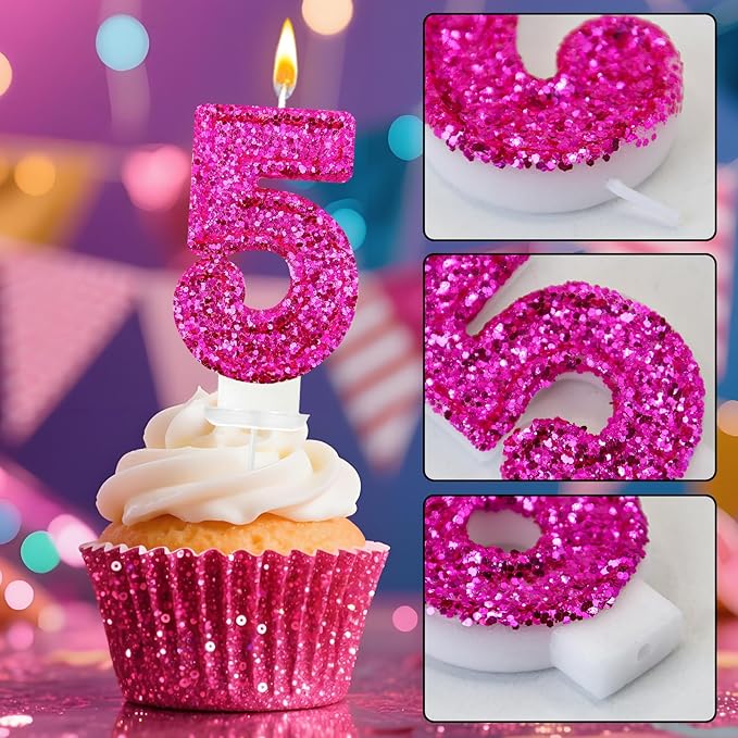 Zailo Birthday Number Candles, Glitter Number Candle Cake Decorations with Sequins, Cupcake Decorations for Girls, Women, Party Anniversary Celebrations (Number 5, Bright red)