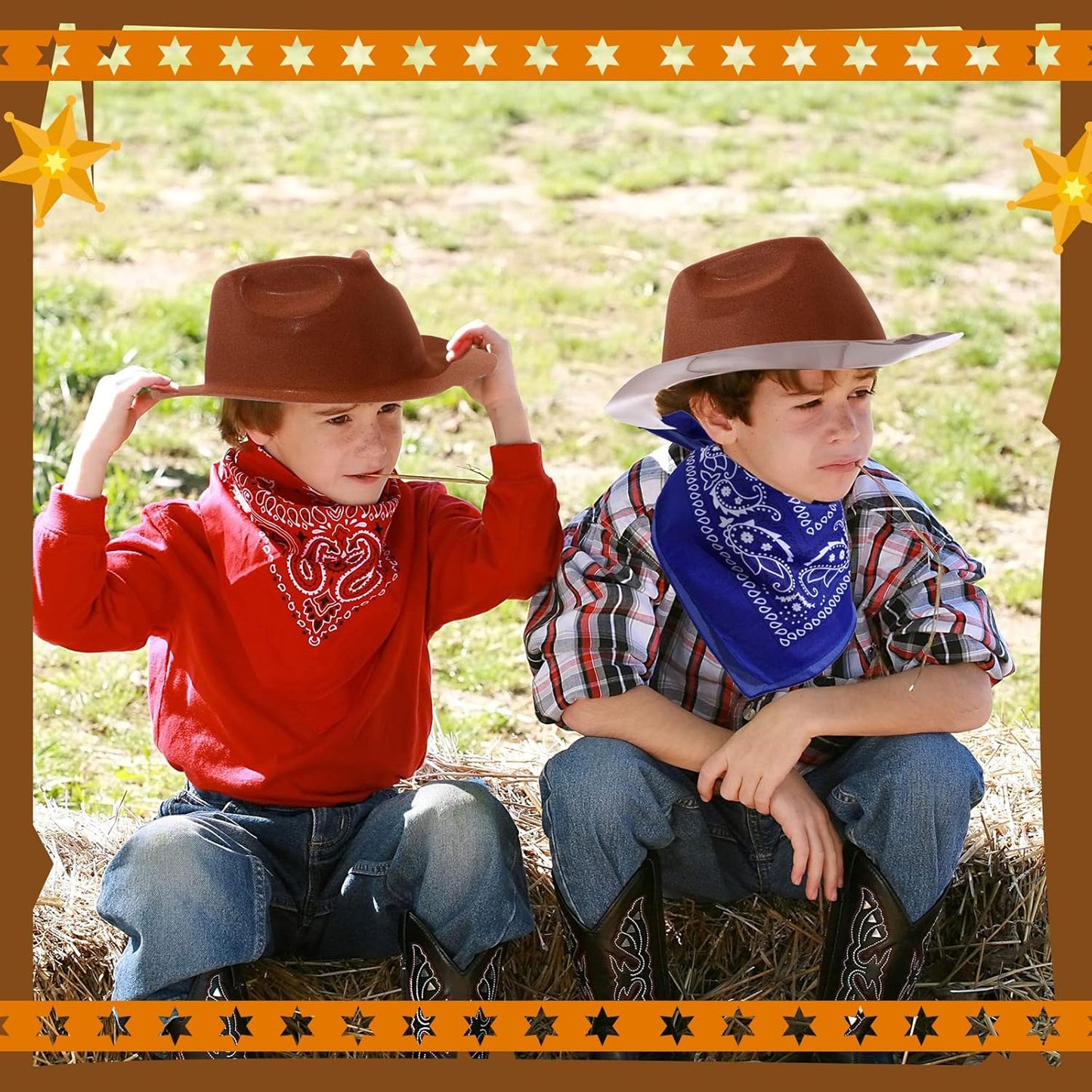 Hillban 72 Pcs Western Cowboy Hat and Paisley Bandana Set for Kids Felt Cowboy Party Hats for Costume Party Favors(Brown)