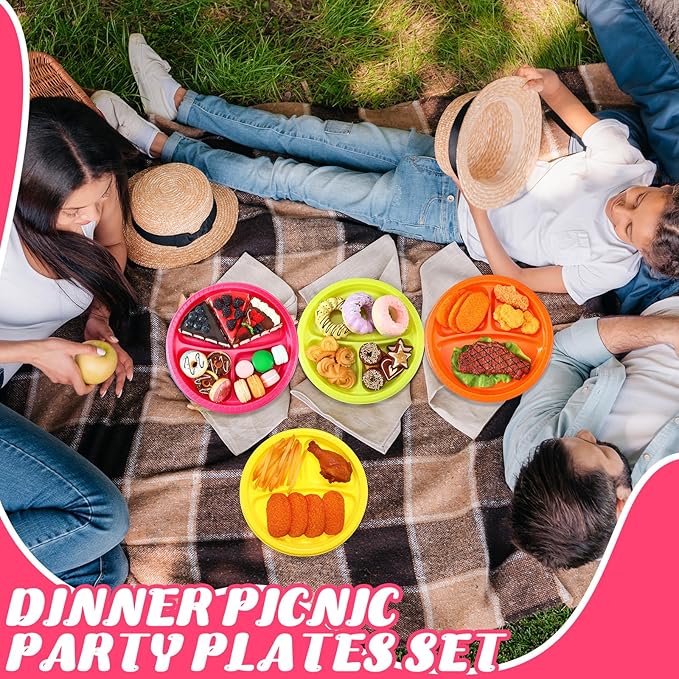 50 Pcs 10 Inch Plastic 3 Compartment Divided Plates Heavy Disposable Round Dinner Plates with Dividers for Wedding Birthday Party Dinnerware (Neon Color)