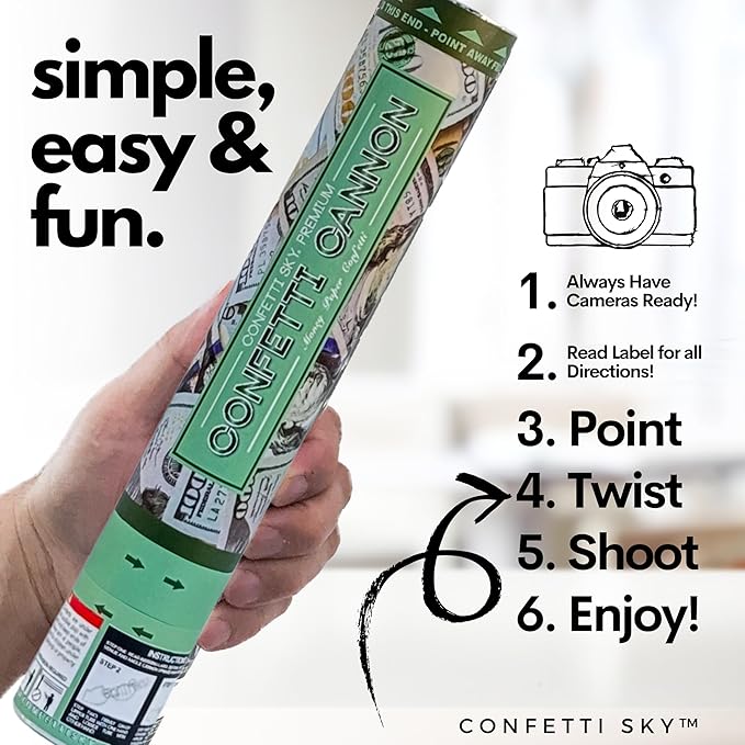 Confetti Sky [6 Pack] 12 Inch Confetti Cannons | Confetti Poppers for Wedding Celebration, Birthday Party, Pranks, Graduation, Christmas Eve and New Year Celebration (White (Money))