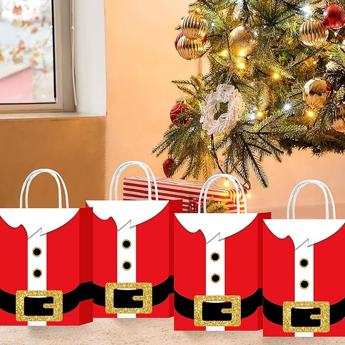 HongXingHai 8Pcs Fine Christmas Kraft Paper Gift Bags With Handles - Holiday Prints for Xmas Goody Bags Party Favors