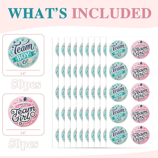 Gender Reveal Party Stickers – 100 Pack Pink & Blue “Team Boy” & “Team Girl” Labels – Baby Shower Party Favors and Decorations