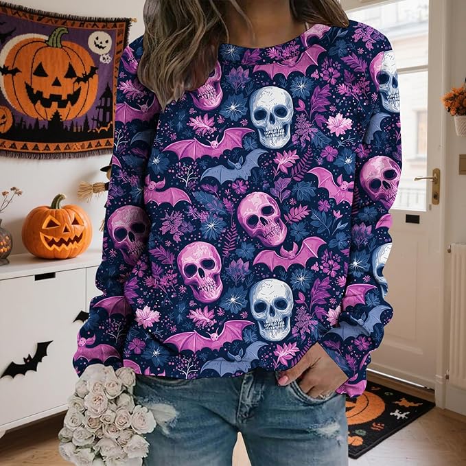 LIZALIG Pullover Cute Sweatshirt Orange Skeleton Fall Festive FunWomens Design Bat Holiday Party Outings Pumpkin Print