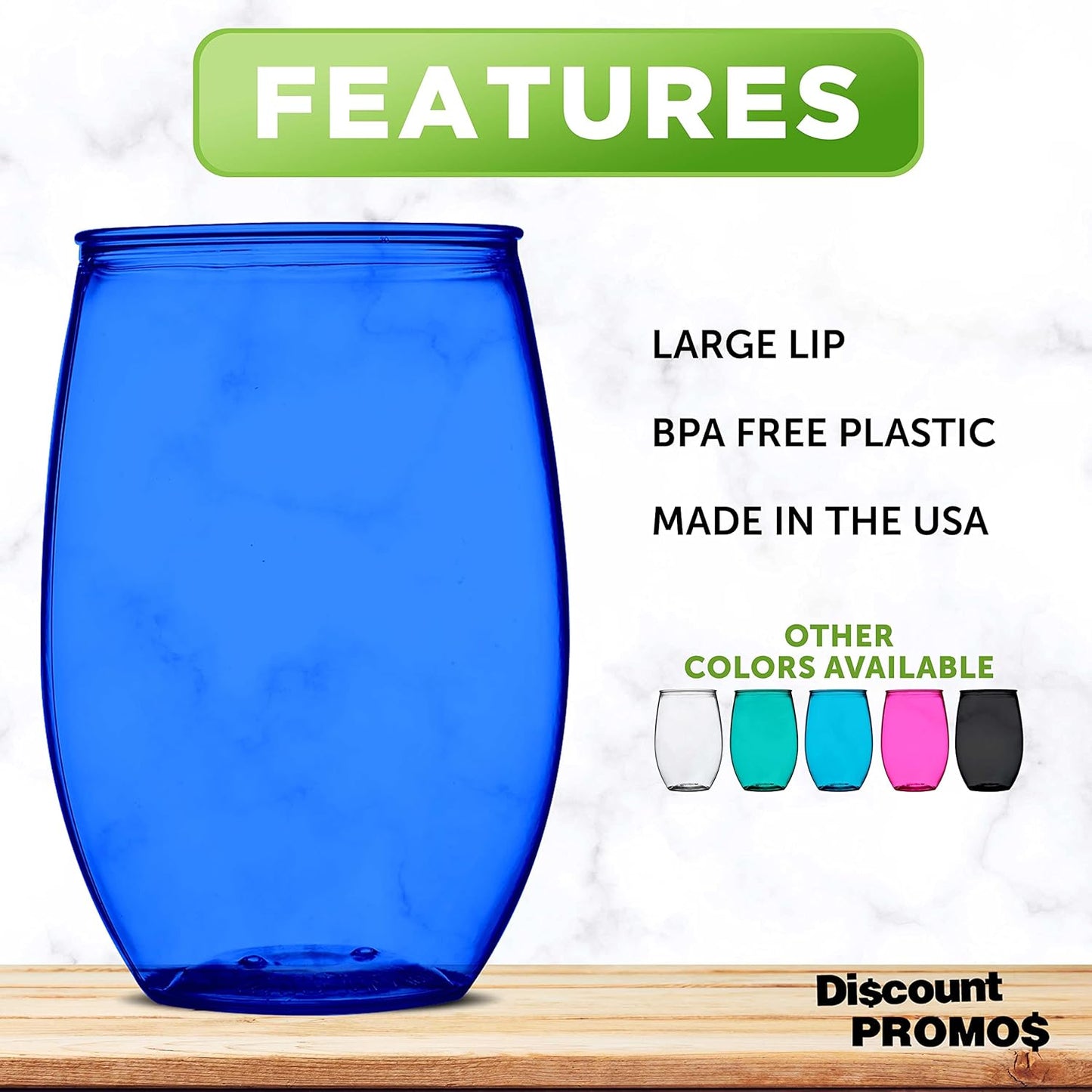 Plastic Stemless Wine Glasses 16 oz. Set of 10, Bulk Pack - BPA Free, Great for Outdoor Lounges, Poolside, Parties and Other Events - Blue