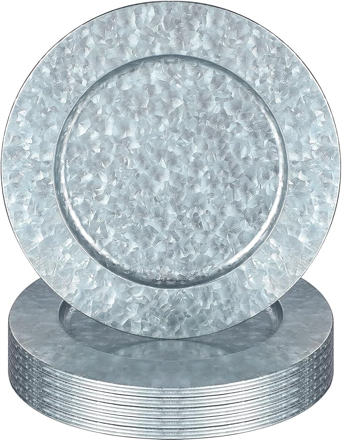 Maxdot 16 Pcs 13 Inches Round Charger Plates Silver Metal Chargers for Dinner Plates Rustic Style Galvanized Charger Plate Farmhouse Modern for Wedding Party Home Table Decoration Kitchen