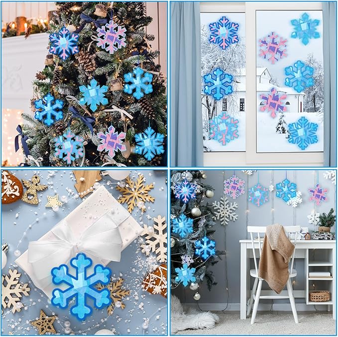 Motipuns 32 Pcs Winter Snowflake Suncatcher Ornament Craft Kit with Blue Ribbon, Christmas Window Art Decoration DIY Ornament Set for Adults Winter Activity