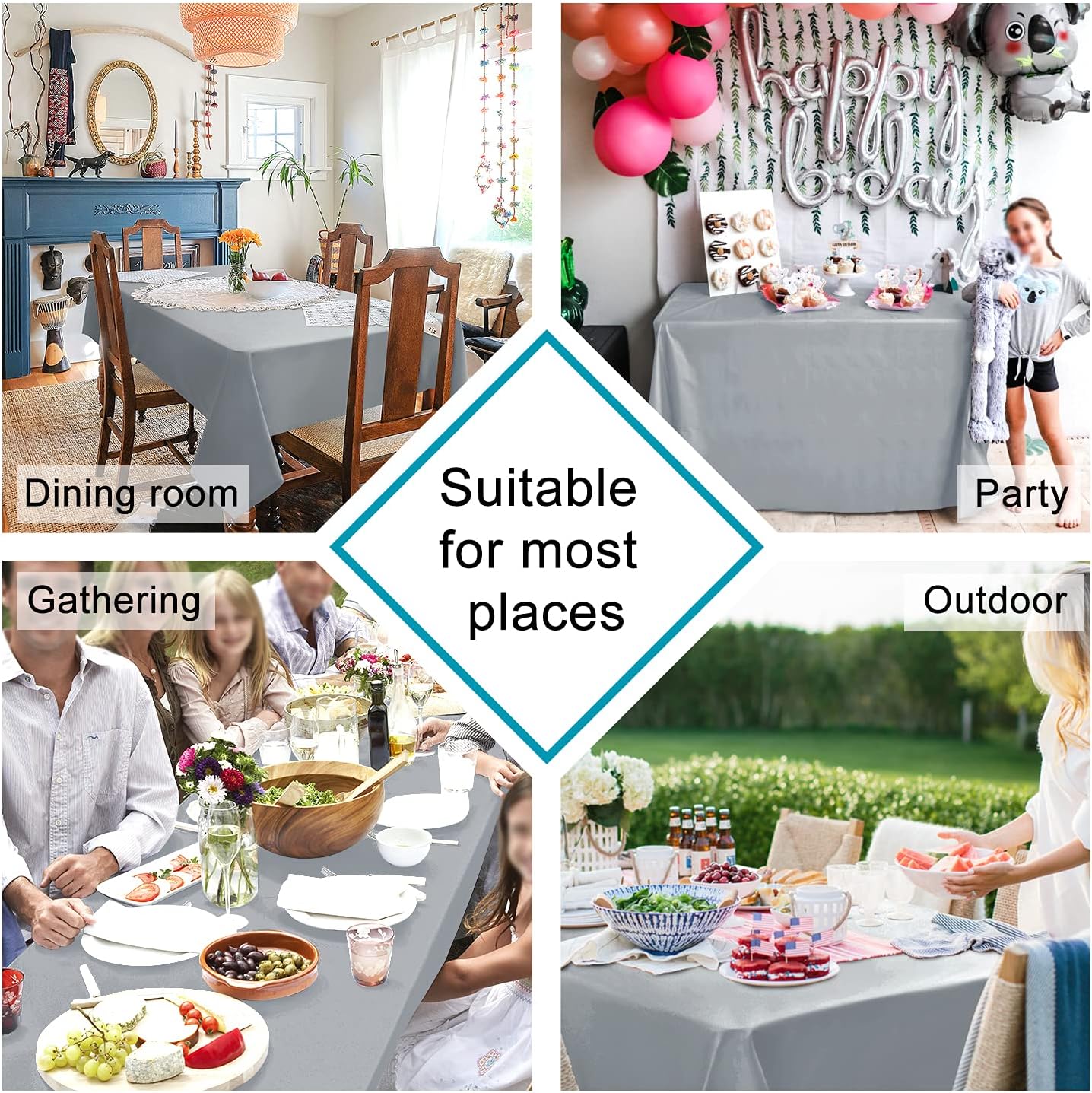 Hiasan Silver Grey Rectangle Tablecloth - Waterproof and Spillproof Washable Fabric Table Cloth for Dining Room Kitchen Party and Outdoor, 60 x 84 Inch
