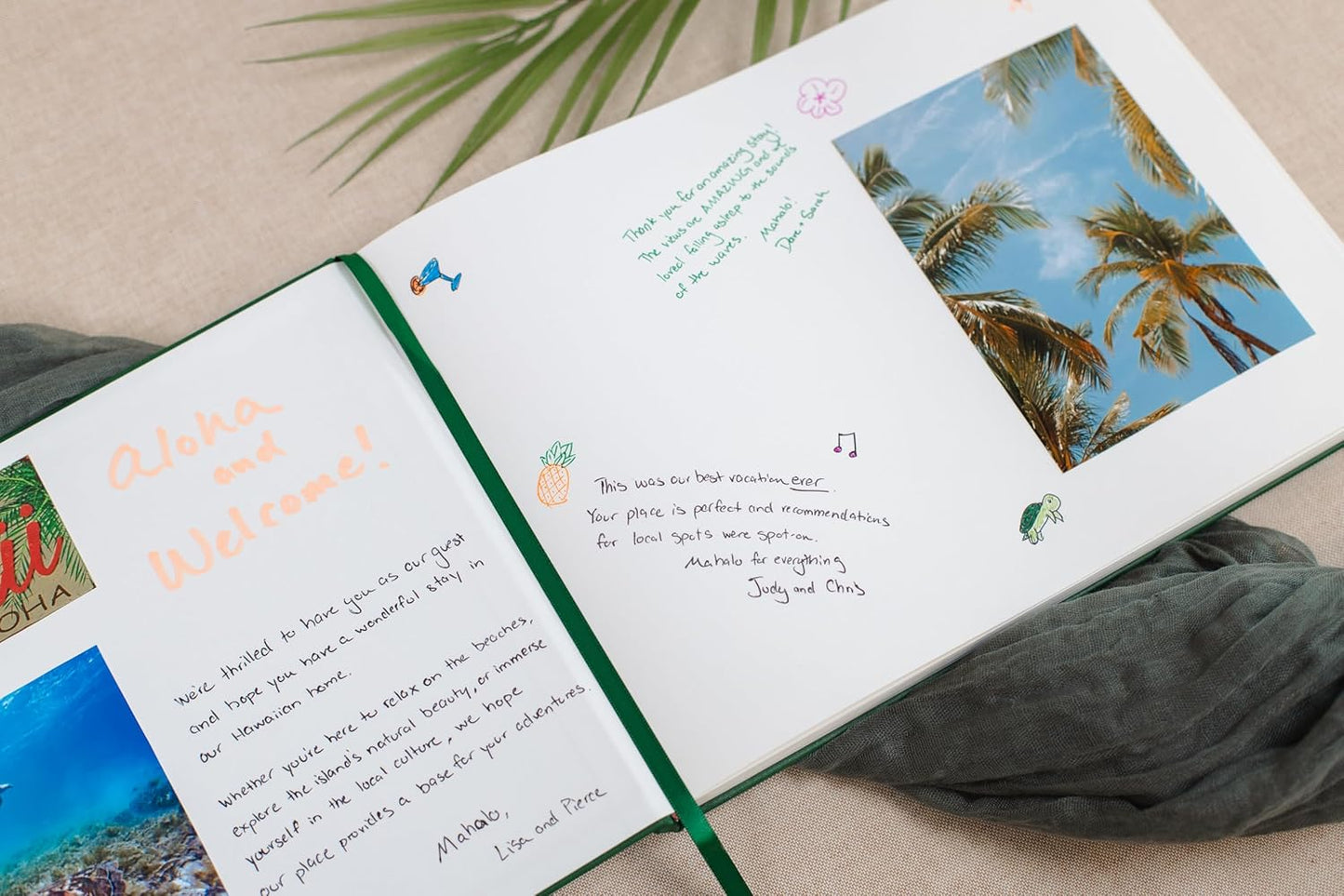 Embossed Guestbook - 11.5 x 8.5 Large Luxury Modern Cream Canvas Linen Embossed Hard Cover Guest Book for Wedding, Birthday & Events, Blank Pages (Emerald)