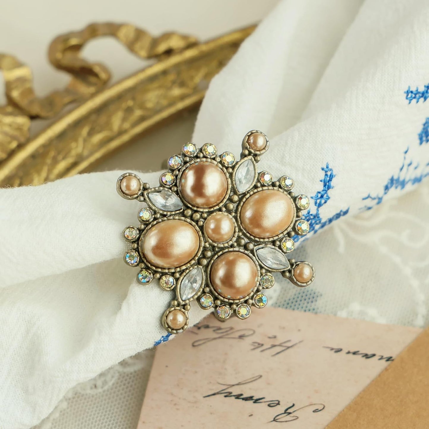 Vintage Pearl Napkin Ring Set of 4 for Dining Wedding Anniversary Birthday Christmas Party Crystal Rhinestone Serviette Holders for Table Settings, Antique Bronze
