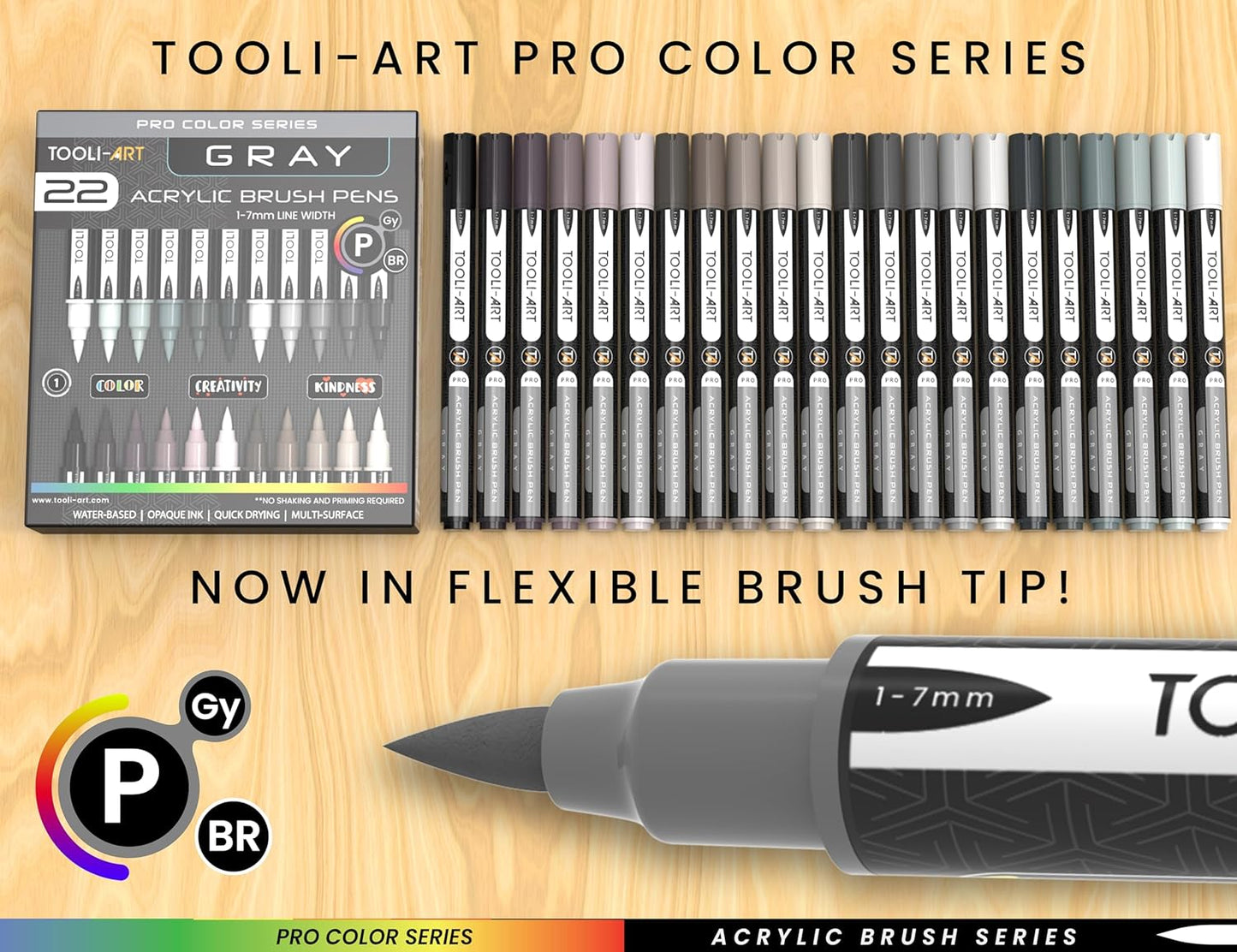 22 Flexible Brush Tip Acrylic Paint Pens Markers Set 1-7mm Line for Rock Painting, Brush Lettering, Glass, Mugs, Wood, Metal, Canvas, Fabric, Plastic. Non Toxic Waterbased Quick Drying Assorted Gray