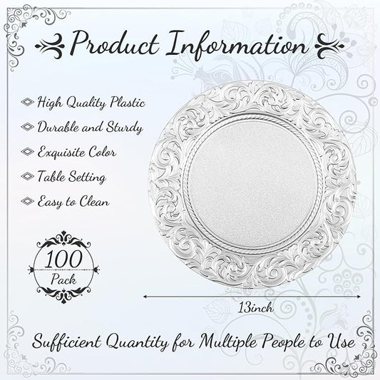 Uiifan 100 Pcs Antique Charger Plates Bulk 13'' Plastic Plate Chargers Decorative Embossed Rim Round Plates for Wedding Party Event Dinner Kitchen Table Setting Decoration (Silver)