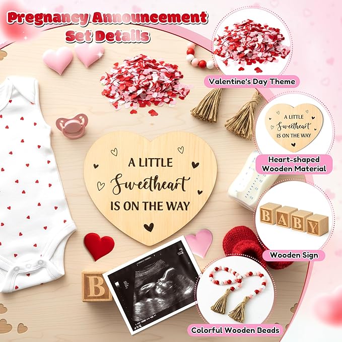 13Pcs Valentine Pregnancy Announcement Set - Coming Soon Baby Announcements Ideas Include Wooden Sign Beads Garland Wood Blocks Sponge Pregnancy Reveal Photo Props for Grandparents Dad Husband Family