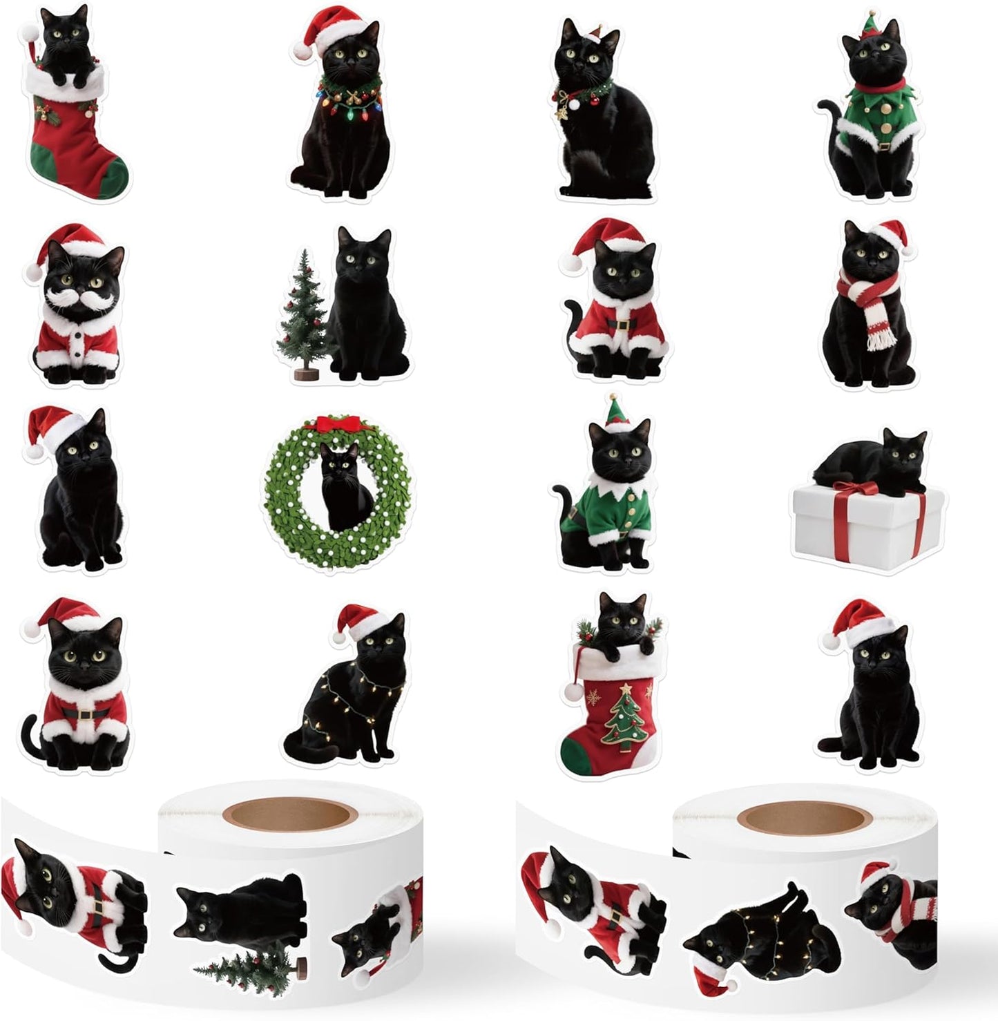 Christmas Black Cat Stickers - 2 Rolls with 16 Designs Waterproof Self-Adhesive Decals for Gift Wrapping, Kids Crafts, Water Bottles, Laptop Decor, Family Holiday Activities & Pet Lover Gifts