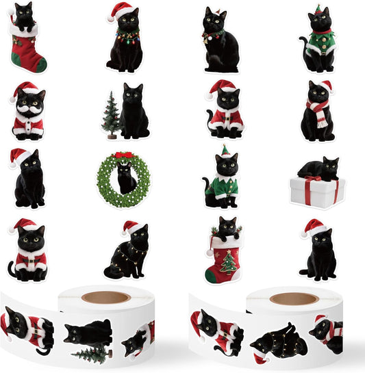 Christmas Black Cat Stickers - 2 Rolls with 16 Designs Waterproof Self-Adhesive Decals for Gift Wrapping, Kids Crafts, Water Bottles, Laptop Decor, Family Holiday Activities & Pet Lover Gifts