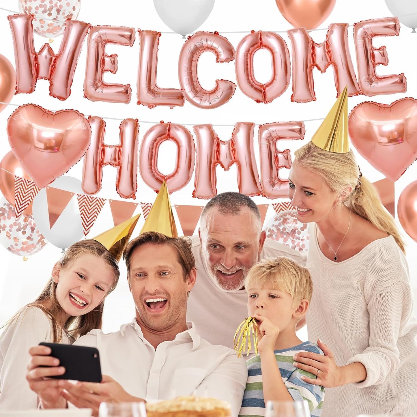 Welcome Home Decorations Rose Gold,Welcome Home Foil Balloon Banner with Rosegold Heart Balloons Pennant Flag Bunting for Housewarming Baby Shower Home Family Party Supplies