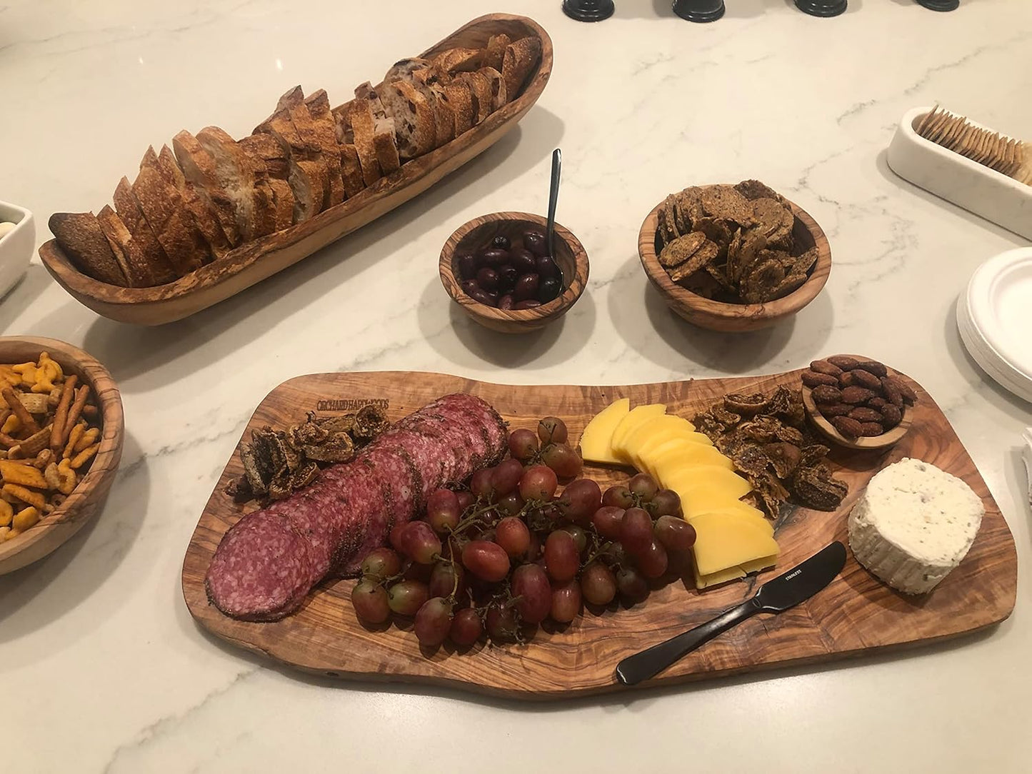18-20" Rustic Olive Wood Bread Basket- Long Oval Dough Bowl Live Bark Edge. Artisan Serving Piece: Baguettes, Italian Bread, Food. In Med 14"/Lg 18" (Large 18-20x3-4x3)