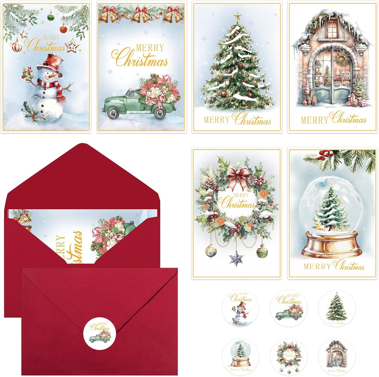 24 Pack Christmas Cards with Envelopes & Stickers, 5 x 7 Inch Holiday Cards Assorted Christmas Card in 6 Designs for Friends Family Coworkers (Watercolor Style)